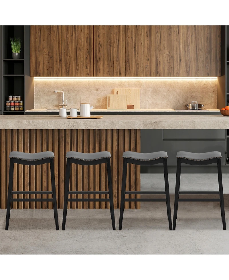 Gymax Set of 4 Saddle Bar Stools Height Kitchen Chairs w/ Rubber Wood Legs