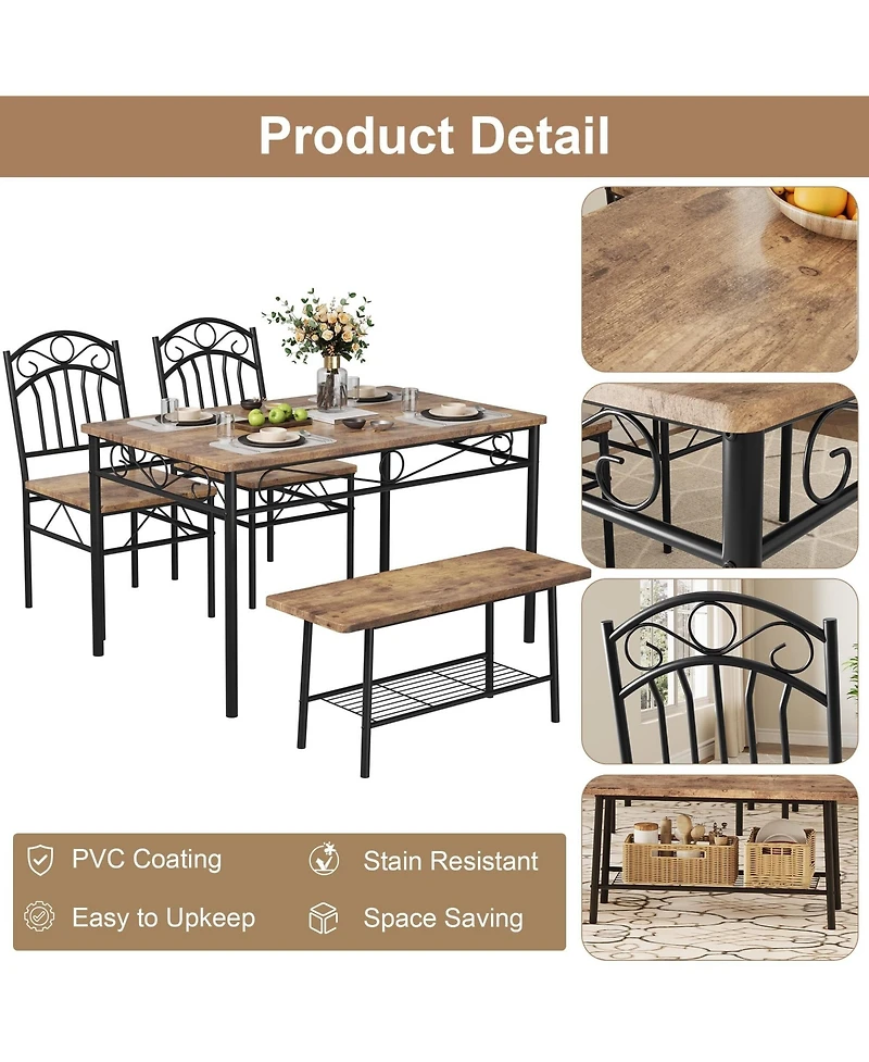 Industrial Dining Table Set for 4,Kitchen Table with Chairs Set of 4,Kitchen Table Set with 2 Chairs and Bench,4 Piece Dining Room Table Set for Small