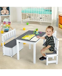 Gouun 4 Pieces Kids Wooden Activity Table and Chairs Set with Storage Bench and Study Desk