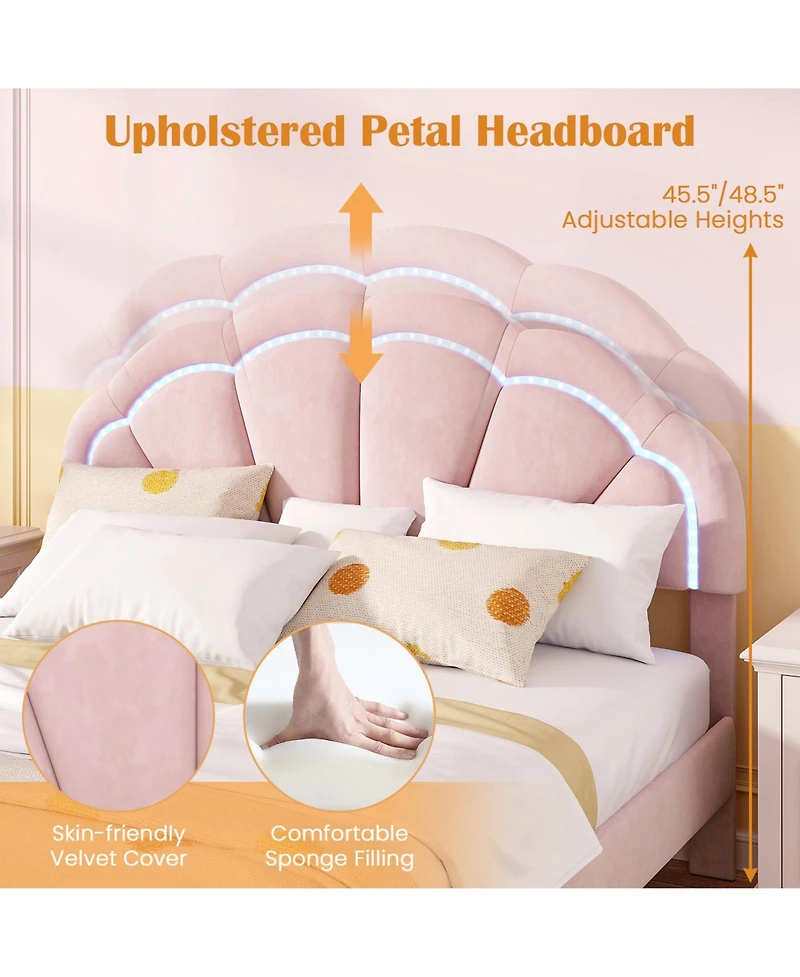Queen Size Upholstered Led Bed Frame with Adjustable Flower Headboard and Metal Support Legs