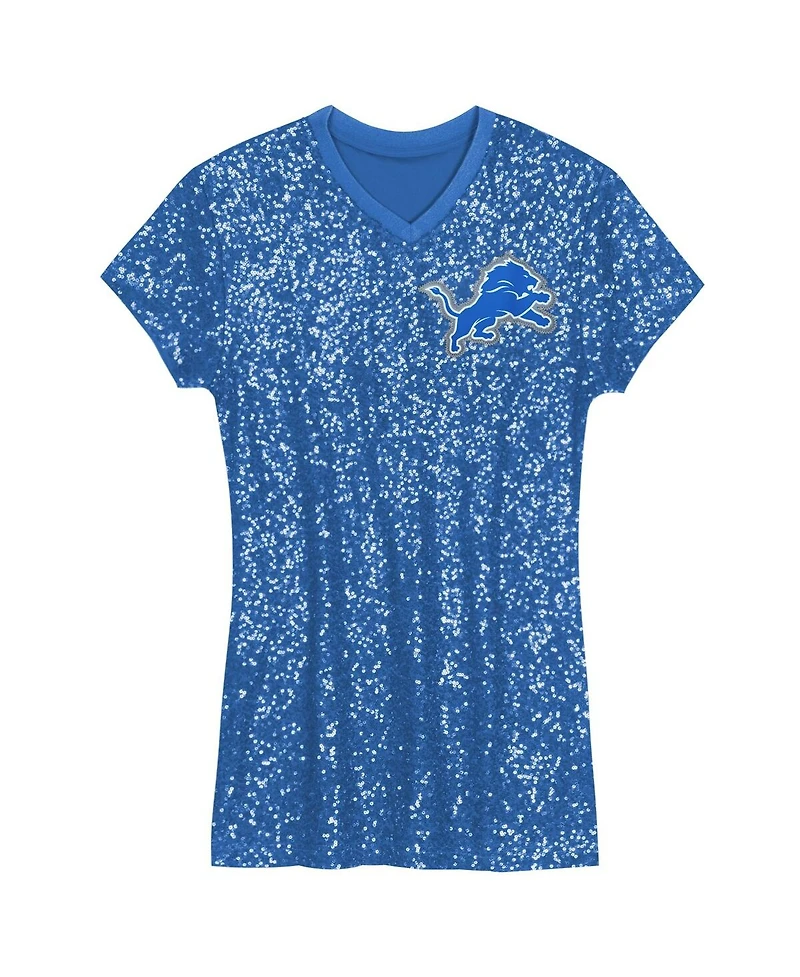 Outerstuff Big Girls Aidan Hutchinson Blue Detroit Lions Sequin Player Name Number V-Neck Dress