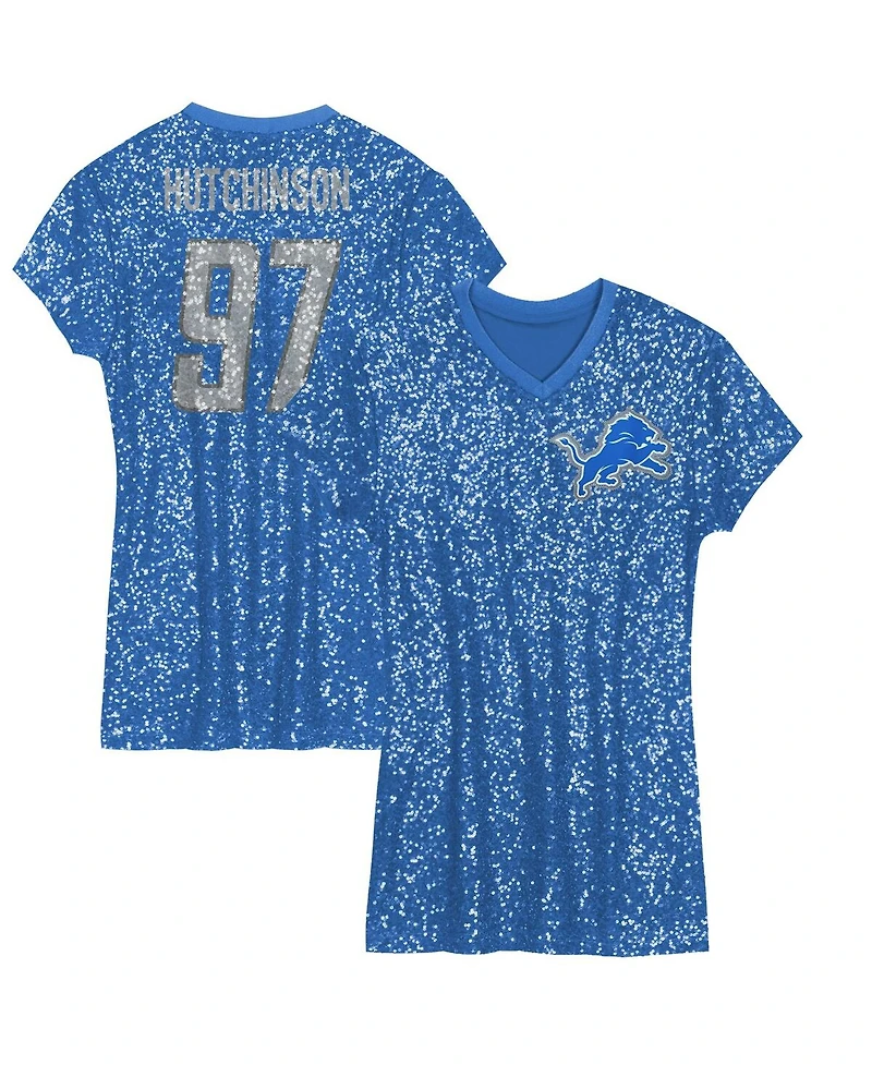 Outerstuff Big Girls Aidan Hutchinson Blue Detroit Lions Sequin Player Name Number V-Neck Dress