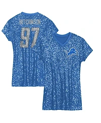 Outerstuff Big Girls Aidan Hutchinson Blue Detroit Lions Sequin Player Name Number V-Neck Dress