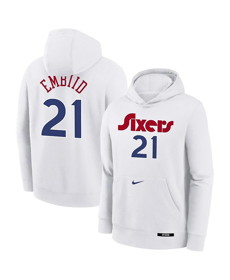 Nike Big Boys and Girls Joel Embiid White Philadelphia 76ers 2024/25 City Edition Name Number Pullover Hoodie