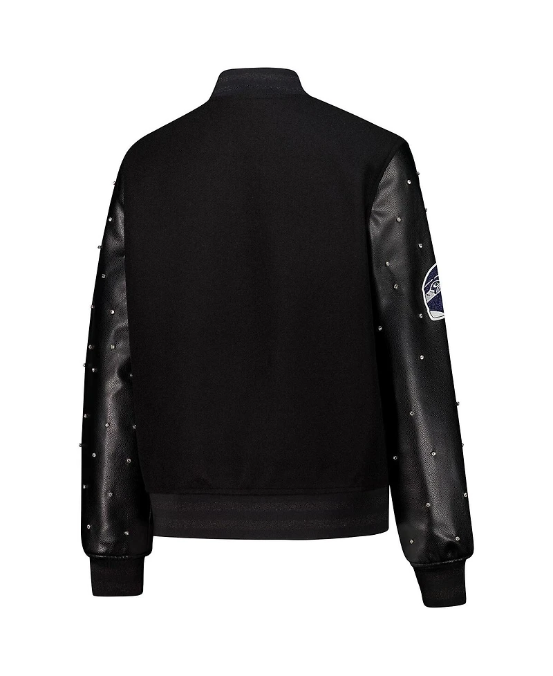 The Wild Collective Women's Black Seattle Seahawks Varsity Full-Snap Sparkle Jacket