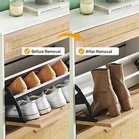 Natural Rattan Storage Cabinet with 2 Flip Drawers, Wooden Entry Way Cabinet with Storage with Adjustable Shelf and Metal Legs, Entrance Shoe Cabinet