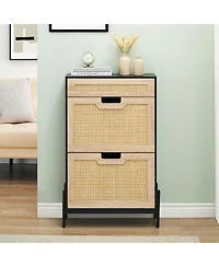 gaomon Natural Rattan Storage Cabinet with 2 Flip Drawers, Wooden Entry Way Cabinet with Storage with Adjustable Shelf and Metal Legs