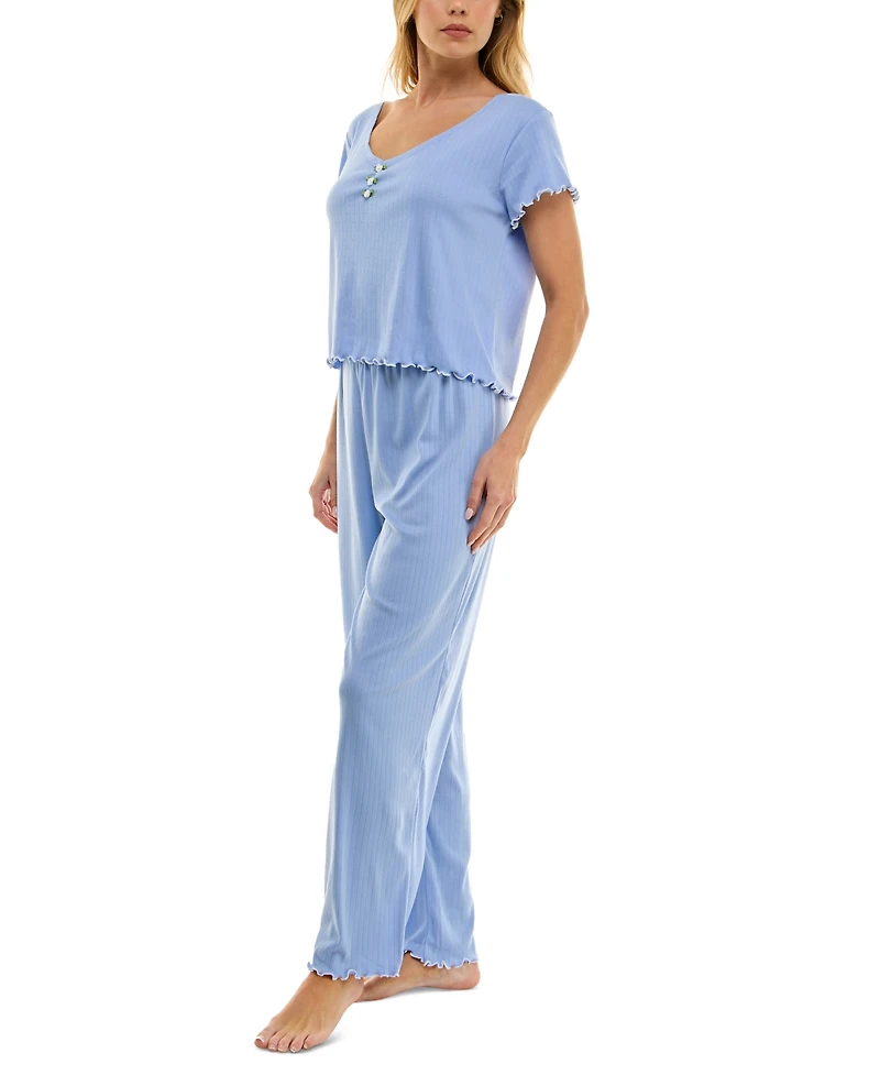Roudelain Women's Lettuce-Hem Pointelle Pajama Set