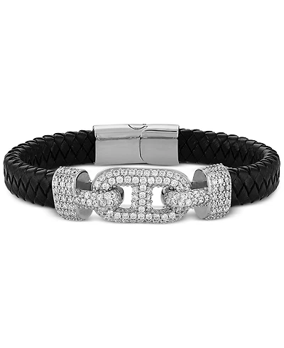 Esquire Men's Jewelry Cubic Zirconia & Braided Black Leather Bracelet in Sterling Silver, Exclusively at Macy's