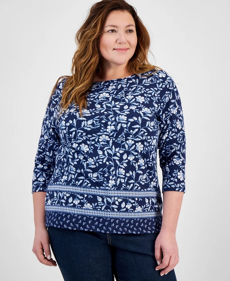Style & Co Plus Size Printed Pima Cotton 3/4-Sleeve Top, Exclusively at Macy's
