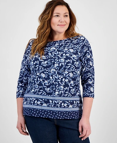 Style & Co Plus Size Printed Pima Cotton 3/4-Sleeve Top, Exclusively at Macy's