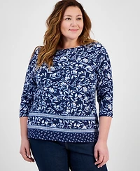 Style & Co Plus Size Printed Pima Cotton 3/4-Sleeve Top, Exclusively at Macy's