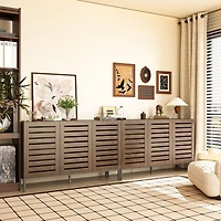 Farmhouse Sideboard Buffet Storage Cabinet with Strip Skeleton Door and Adjustable shelves, for living room dining room kitchen