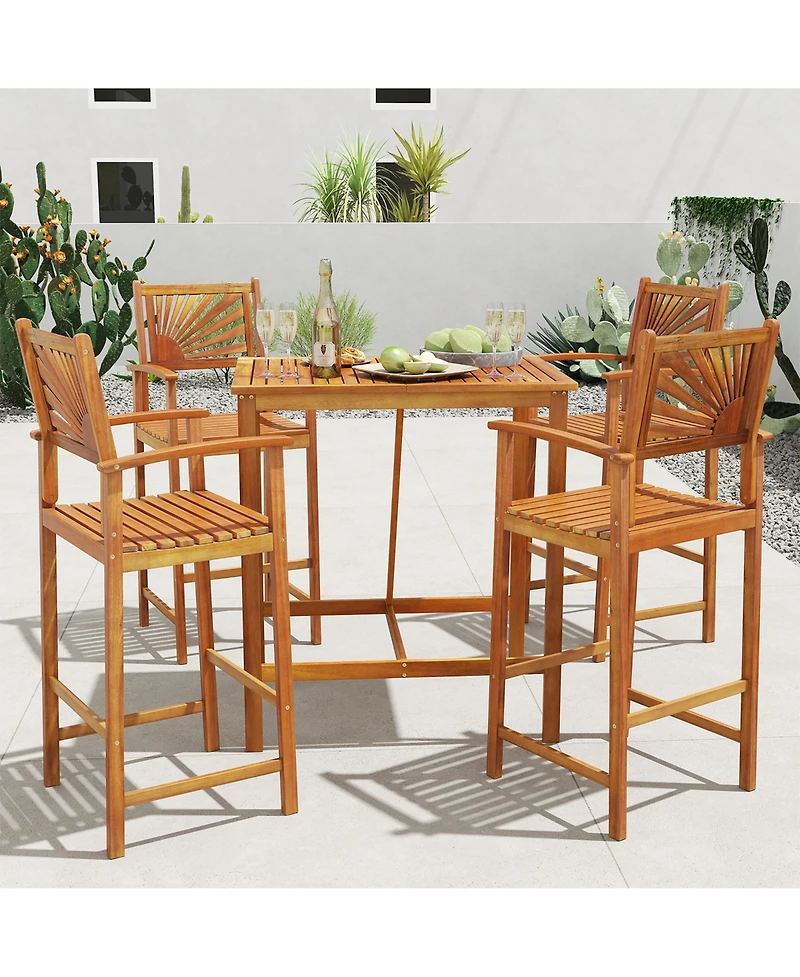 Gymax Set of 4 Outdoor Acacia Wood Bar Stools Bar Height Patio Chairs w/ Backrests