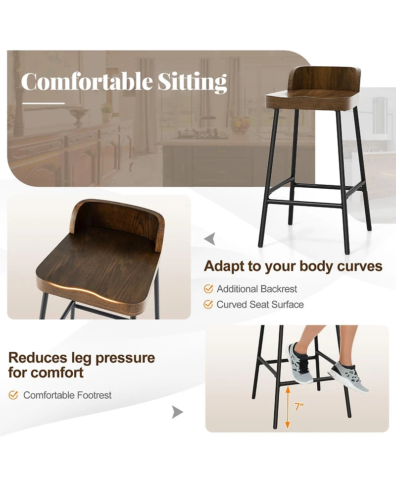 Gymax 24.5''Bar Stool Set of 2 Armless Bar Chair w/ Backrest Footrest & Metal Frame Cafe