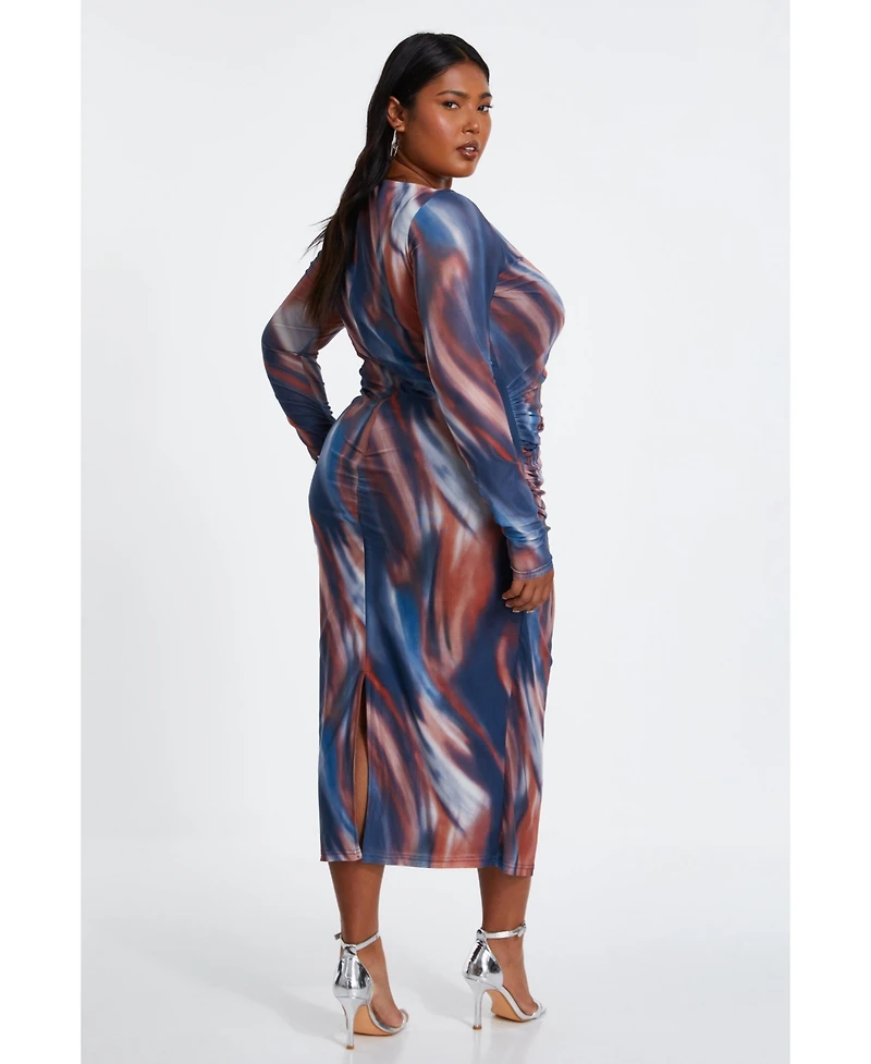 Quiz Plus Size Mesh Marble Round Neck Long Sleeve Maxi Dress