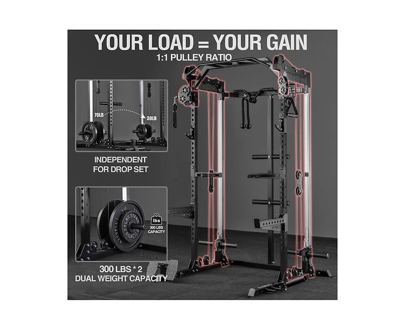 Mikolo Power Cage, 2000LB Squat Rack, Dual Pulley Cable Crossover System, Multi-function Free Weight Home Gym Workout Machine with Attachments