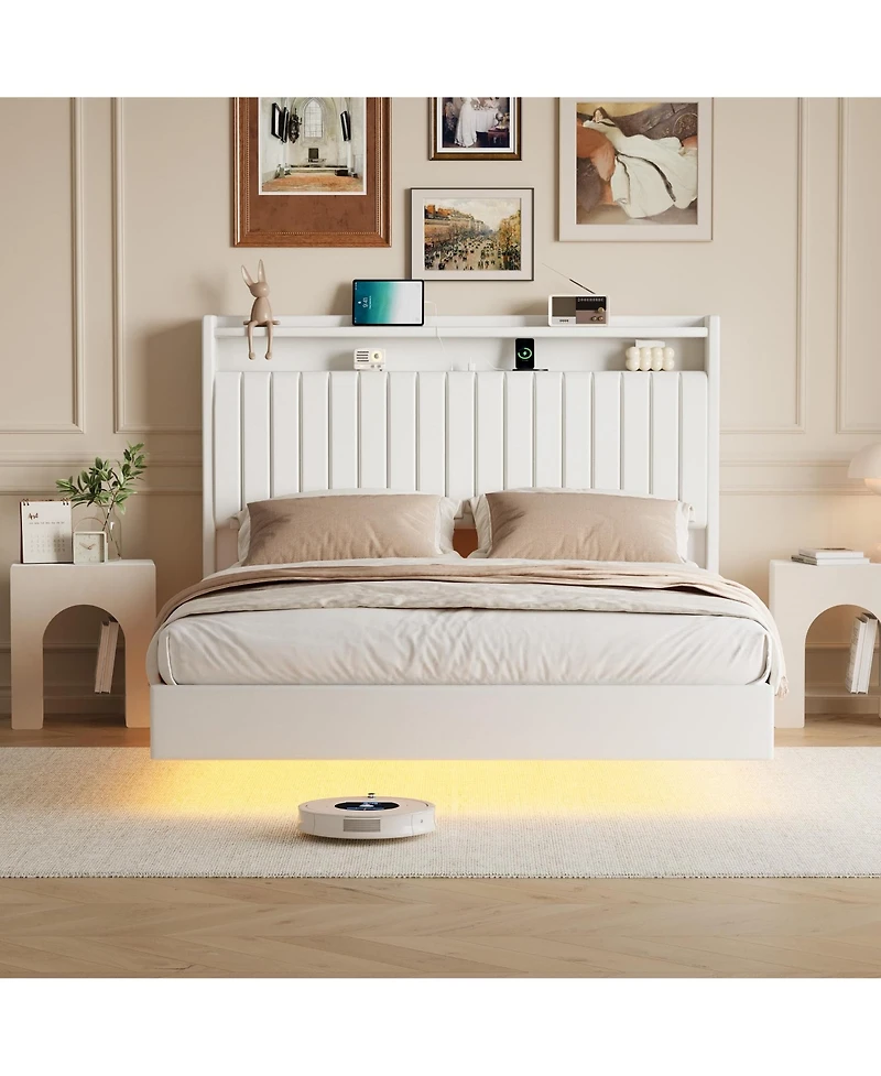 gaomon Queen Size Floating Bed Frame with Rgb Led Lights & Charging Station