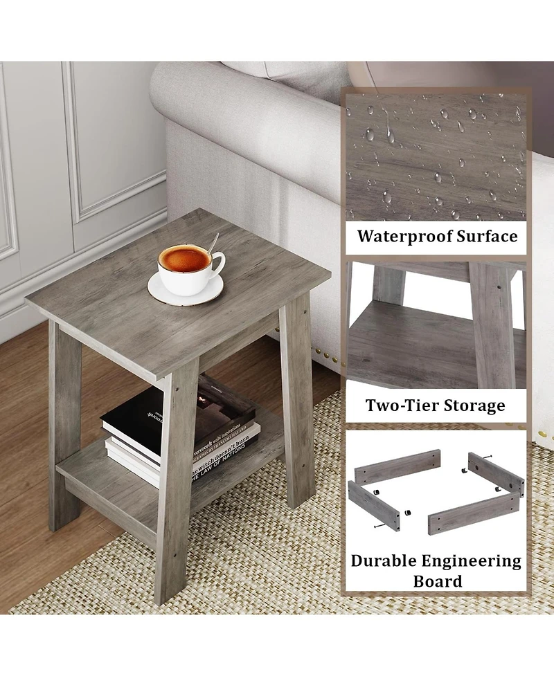 Side Table, Set of 2 Small Wooden End Table with 2-Layer Storage Shelves, Farmhouse Nightstand for Living Room, Bedroom, Office, Bathroom, Sofa Table