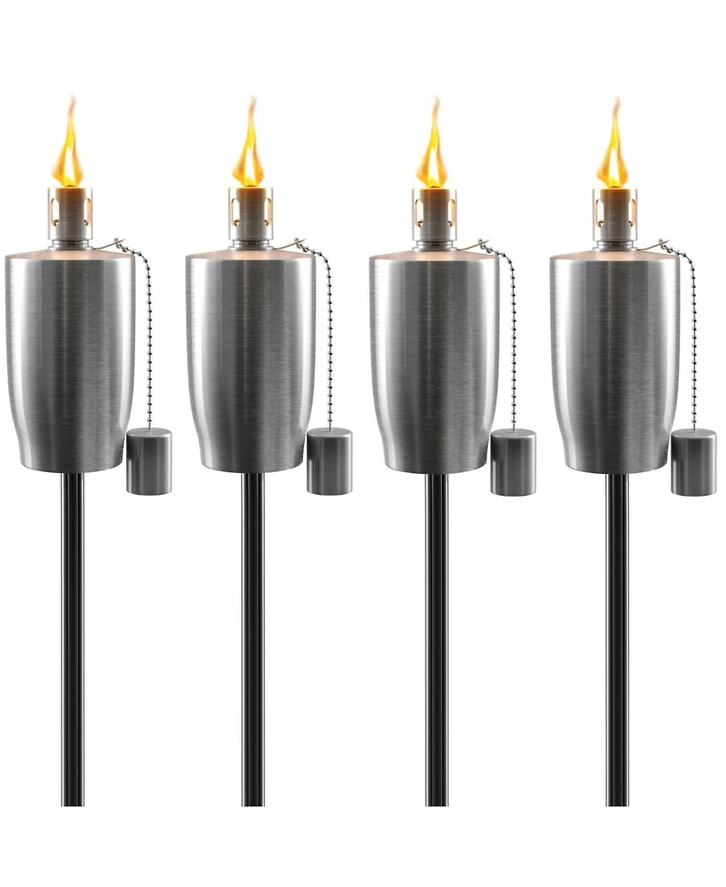 Sorbus 4 Pack Stainless Steel 5ft Outdoor Torches - Decorative Garden & Yard Lights Fiberglass Wick Snuffer Cap Silver