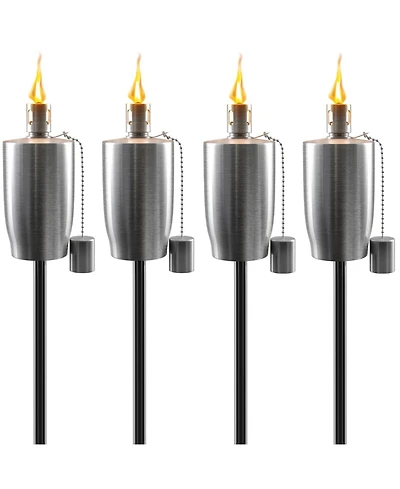 Sorbus 4 Pack Stainless Steel 5ft Outdoor Torches - Decorative Garden & Yard Lights Fiberglass Wick Snuffer Cap Silver