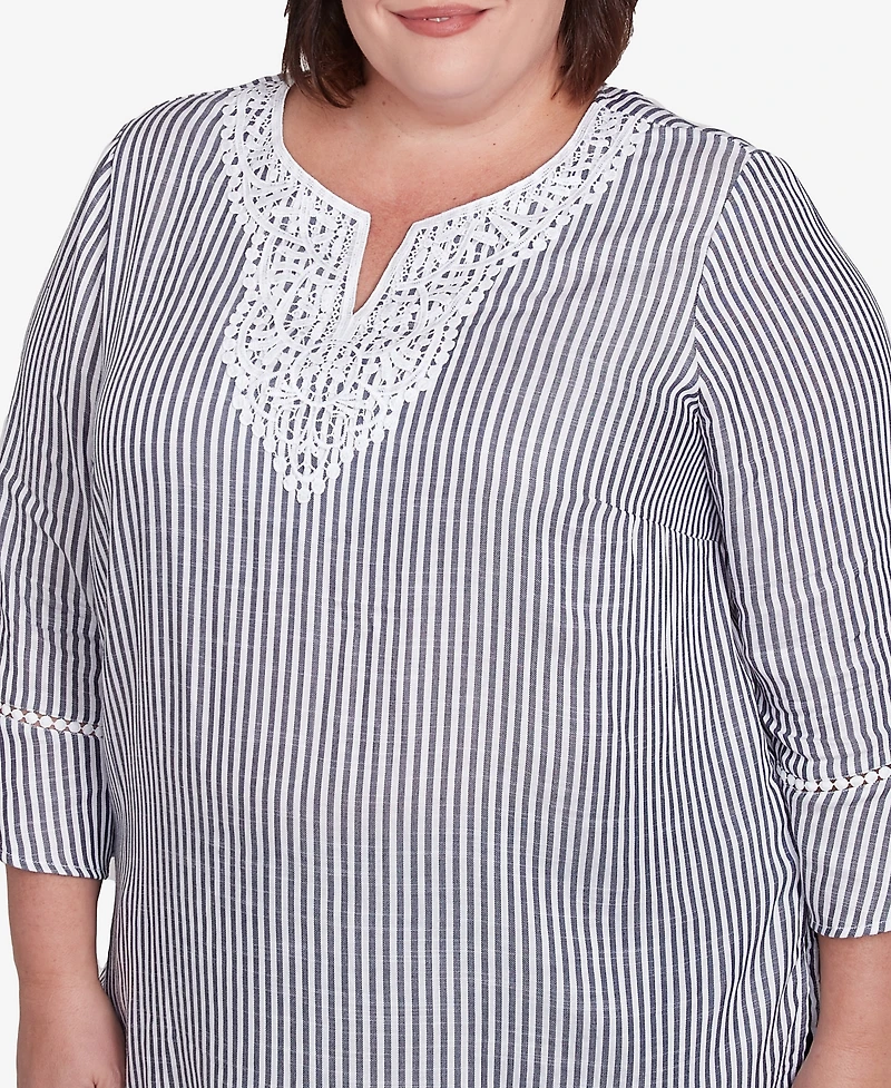 Alfred Dunner Plus Classic Embroidered Split Neck Striped Top