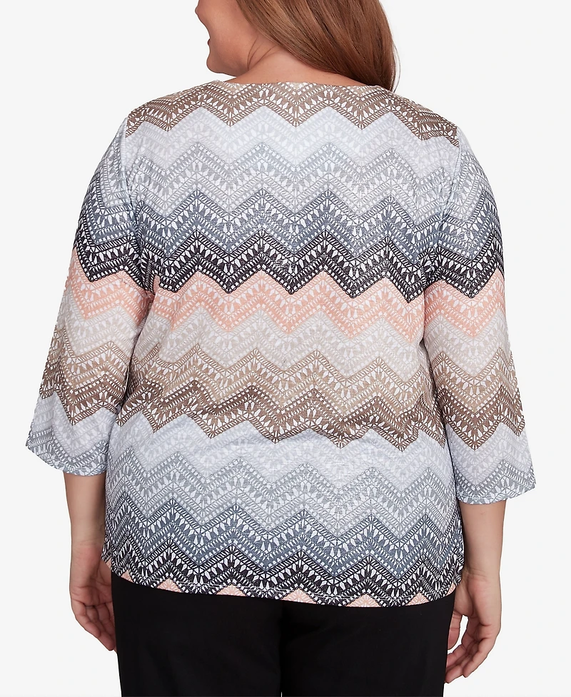 Alfred Dunner Plus Classic Lacey Ombre Chevron Crew Neck Top