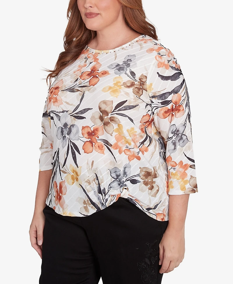 Alfred Dunner Plus Size Classic Watercolor Floral Crew Neck Top