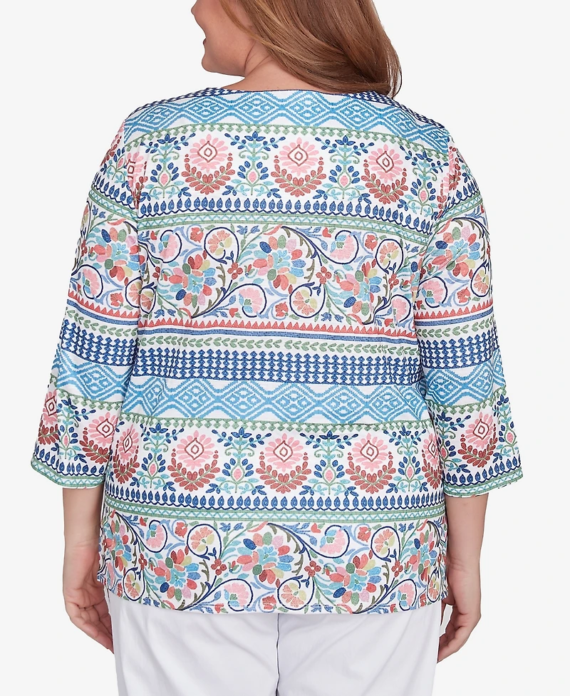 Alfred Dunner Plus Size Classic Knit Scroll Geometric Crew Neck Top