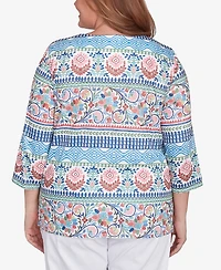 Alfred Dunner Plus Size Classic Knit Scroll Geometric Crew Neck Top