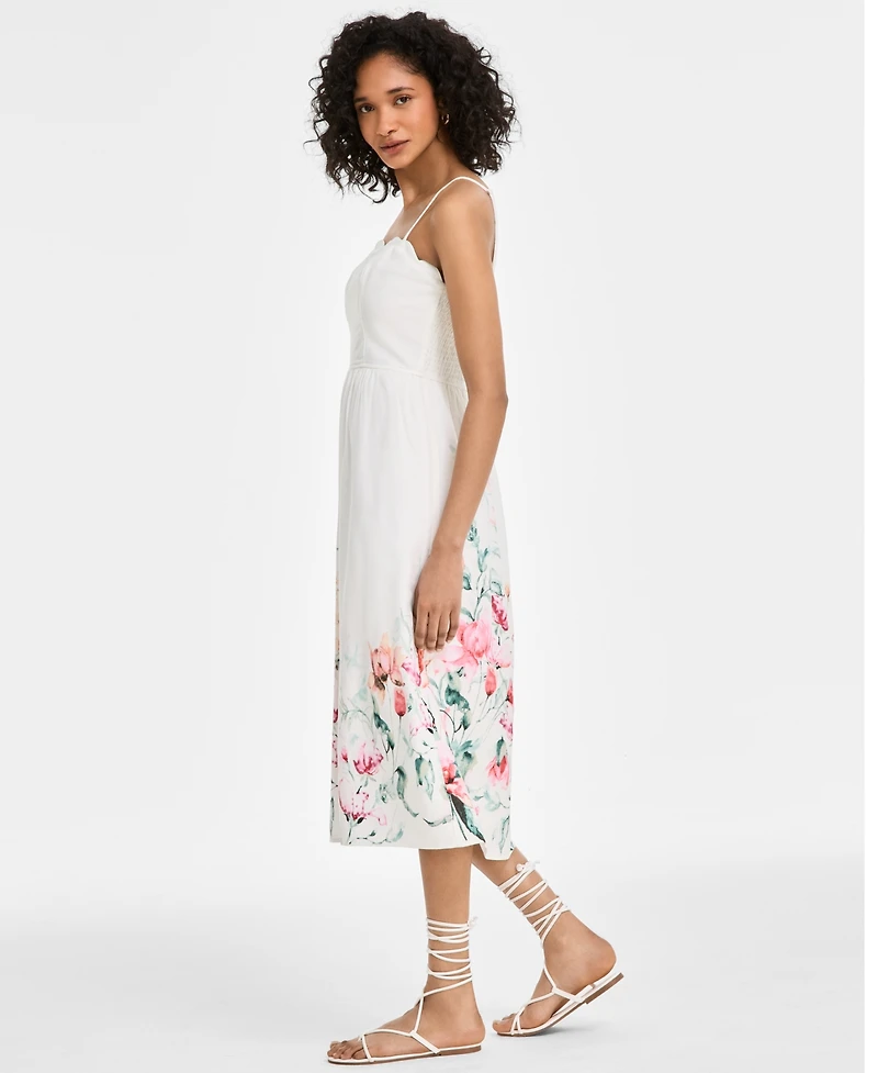 Juniors' Scalloped-Neck Placed Floral Midi Dress