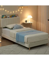gaomon Twin Bed Frames, Upholstered Platform Bed Frame with Bookcase Headboard, Velvet Platform Bed Mattress Foundation