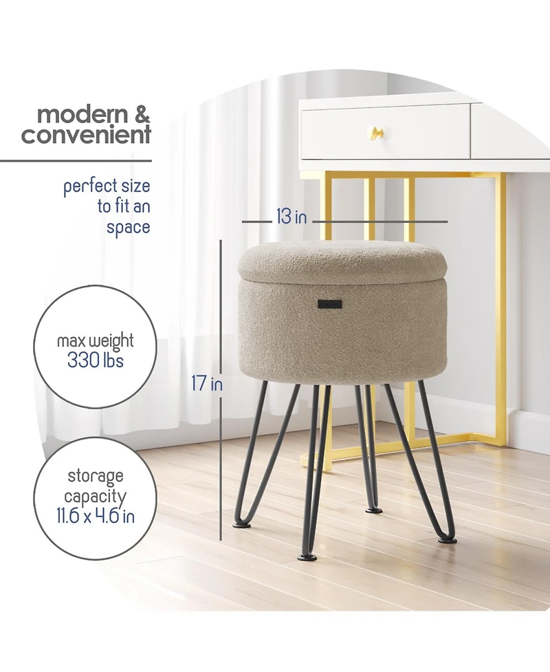 Nestl Modern Boucle Round Ottoman with Hidden Storage – Foot Stool, Makeup Vanity Small Rest, Perfect for Living Room & Bed