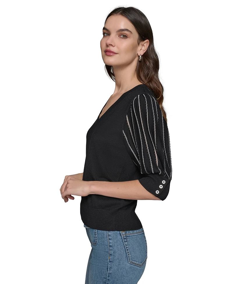 Karl Lagerfeld Paris Women's Puffed-Sleeve V-Neck Sweater