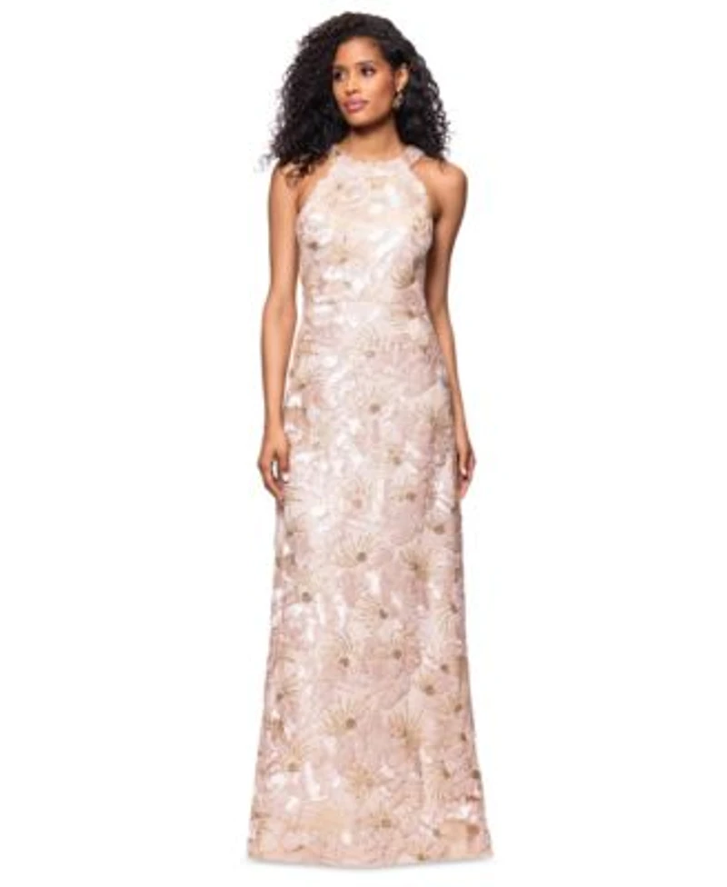 Betsy Adam Womens Sequined Soutache Halter Gown