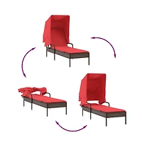 Sun Lounger with Canopy and Table Brown Poly Rattan