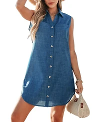 Cupshe Women's Indigo Sleeveless Collared Cover-Up Mini Beach Dress
