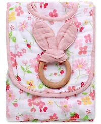 Little Me Baby Girls 3-Pc. Floral Muslin Bib, Swaddle, and Ring Set