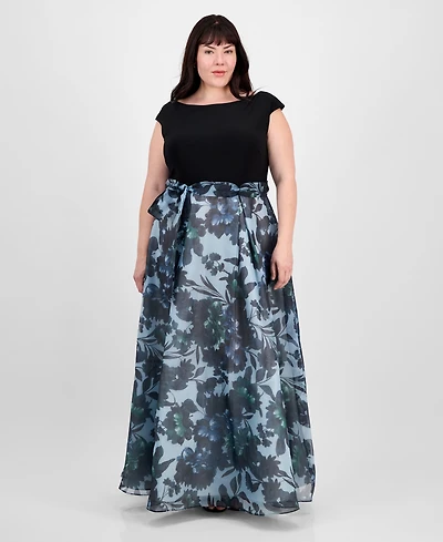 Sl Fashions Plus Size Tie-Front Printed Organza Ballgown