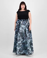 Sl Fashions Plus Size Tie-Front Printed Organza Ballgown