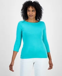 Style & Co Women's Petite Pima Cotton 3/4-Sleeve Boat-Neck Top, Created for Macy's