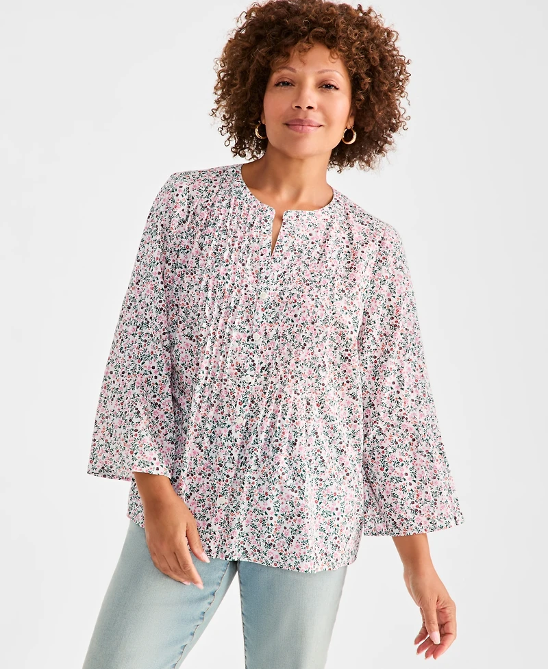 Style & Co Women's Cotton Printed 3/4-Sleeve Blouse, Exclusively at Macy's