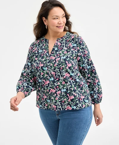 Style & Co Plus Floral-Print Gauze Popover Top, Exclusively at Macy's