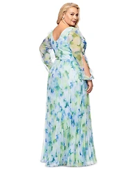 Betsy & Adam Plus Printed Pleated Long-Sleeve Gown