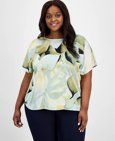 Anne Klein Plus Size Printed Bateau-Neck Short-Sleeve Blouse