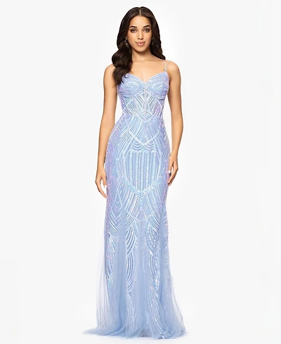 Blondie Nites Juniors' Sequin-Mesh Floor-Sweeping Corset Gown