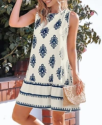 Cupshe Women's Blue Ornate Sleeveless Ruffled Hem Mini Beach Dress