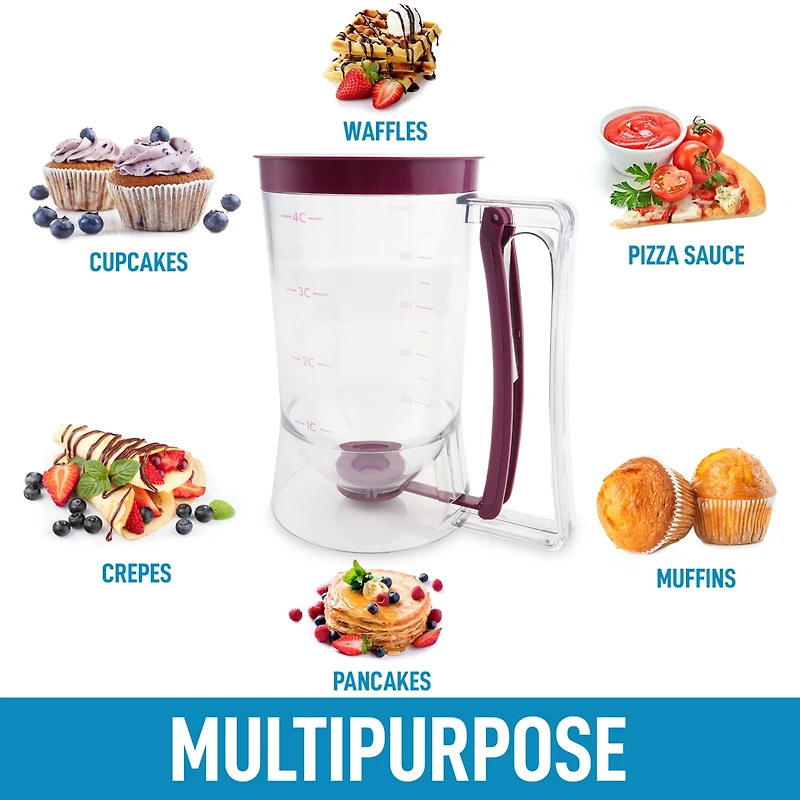 4 Cup Pancake Batter Dispenser with Squeeze Handle - Pancake Dispenser for Batter with Measuring Label