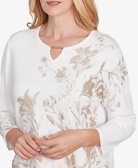 Alfred Dunner Petite Kensington Gardens Split Neck Botanical Gold Foil Print Sweater
