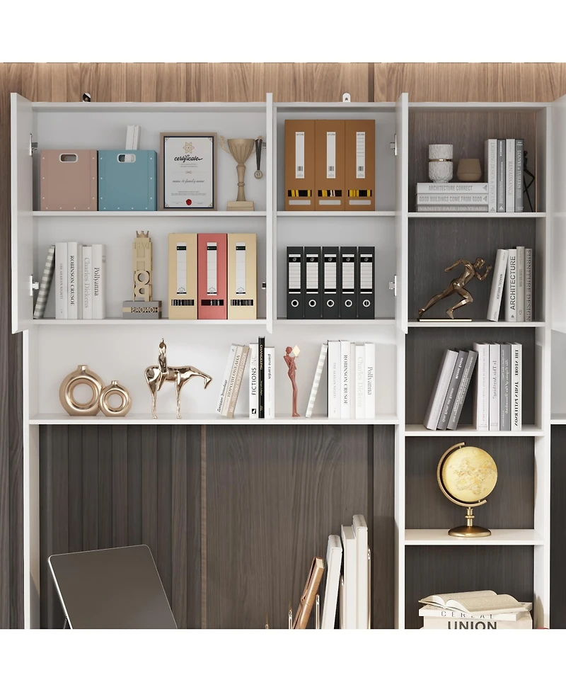 Famapy 94.5 in. W Large 2 in. 1 Wood Double Computer Desk White Writing Desk 86.6 in. Tall Bookshelf, Drawers Home Office